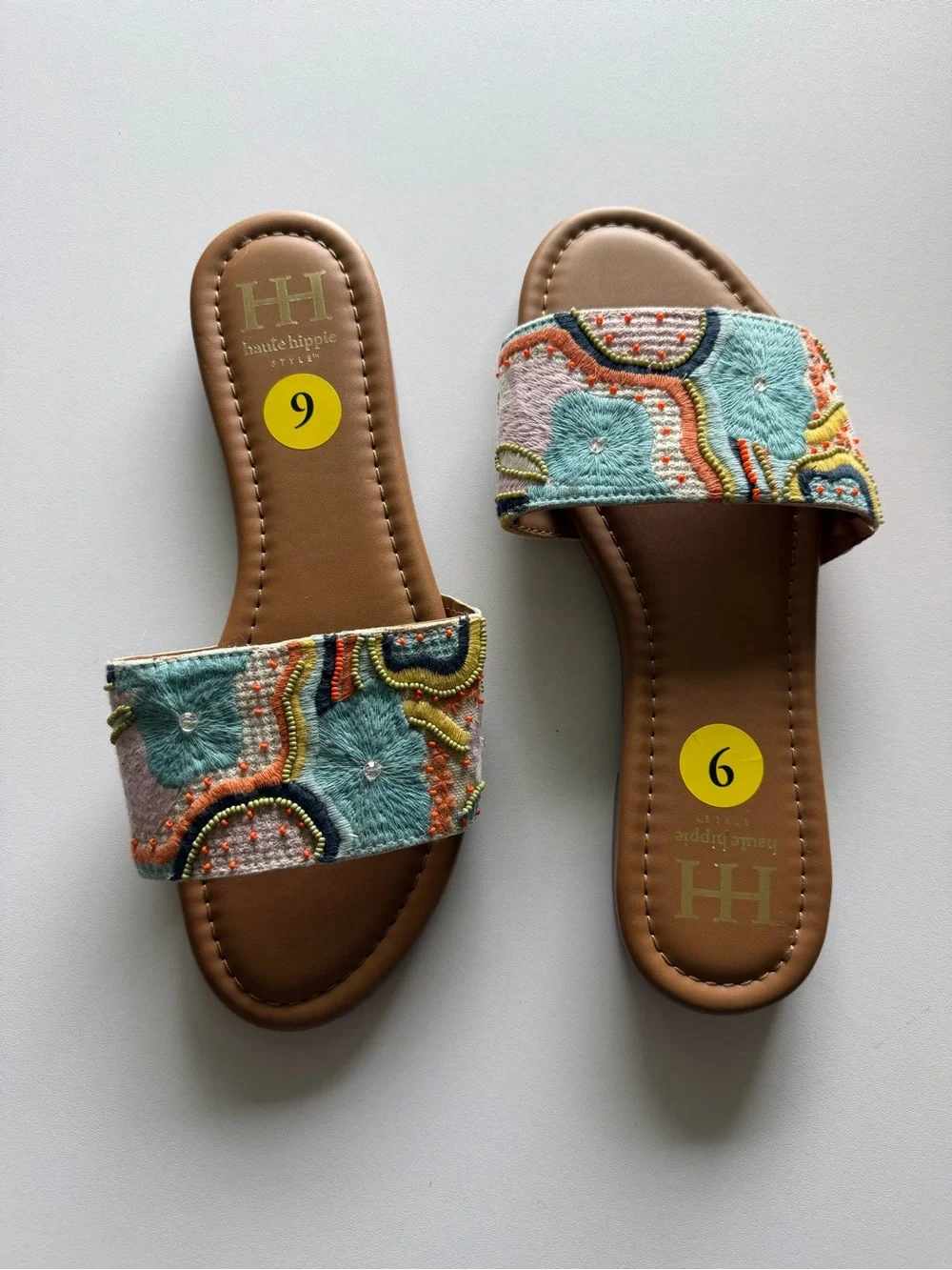 Haute Hippie Multicolor Embroidered Slide Sandals - Teal/Coral/Tan